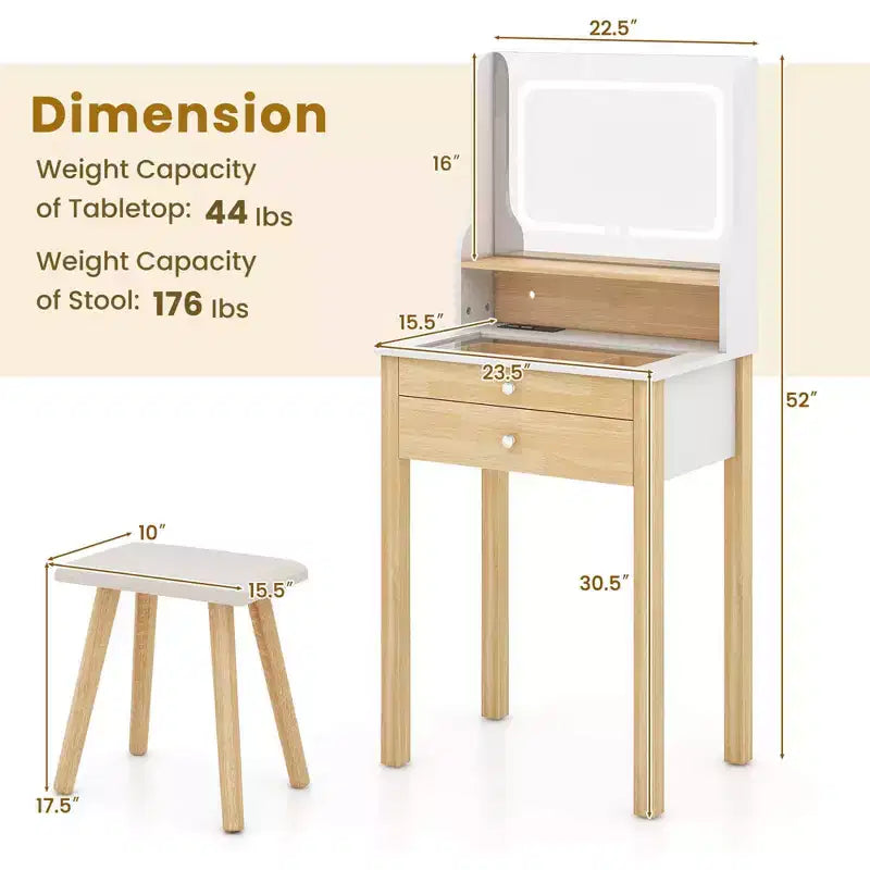 Costway Small Vanity Desk Set with Adjustable LED Lighted Mirror and Power Outlets White