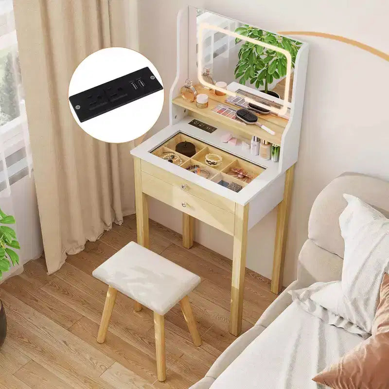 Costway Small Vanity Desk Set with Adjustable LED Lighted Mirror and Power Outlets White