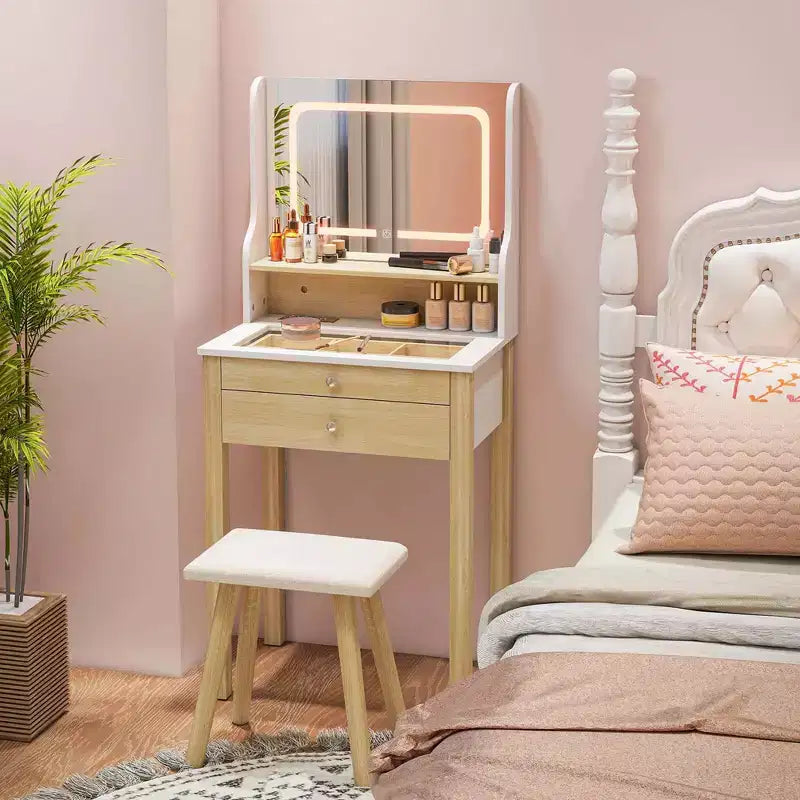 Costway Small Vanity Desk Set with Adjustable LED Lighted Mirror and Power Outlets White