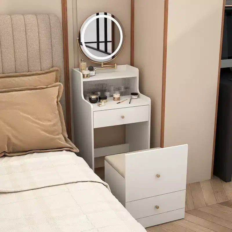 Escritorio de tocador Okak 3 en 1 con espejo, juego de tocador de maquillaje que ahorra espacio, mesa de tocador compacta con estación de carga para dormitorio