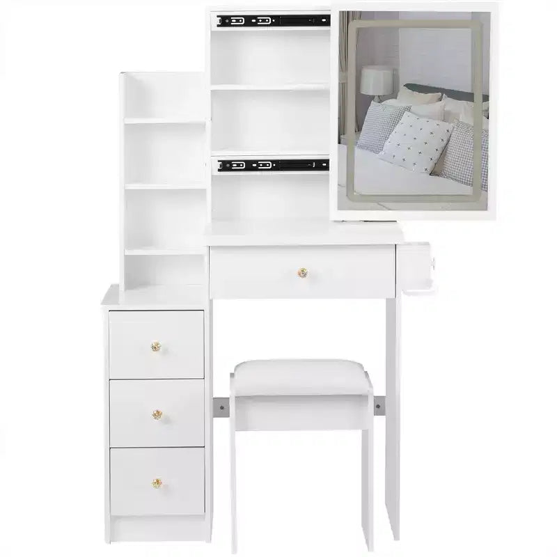 Okak Vanity Table with Drawers and Lights, 29.2 Compact Left-Side Bedside Vanity Desk with Oversized Touch-Sensitive Sliding LED Mirror, White