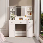 Okak Vanity Table with Lights, with Drawers and Storage Cabinet, Dressing Table with Dressing Pad for Bedroom Living Room