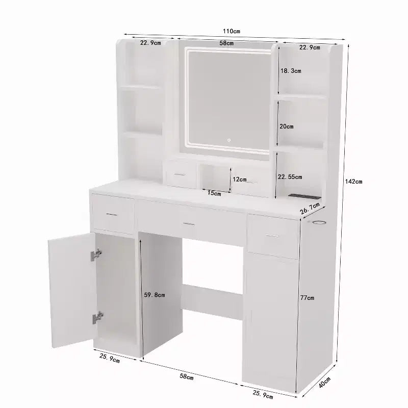 Okak Vanity Table with Lights, with Drawers and Storage Cabinet, Dressing Table with Dressing Pad for Bedroom Living Room
