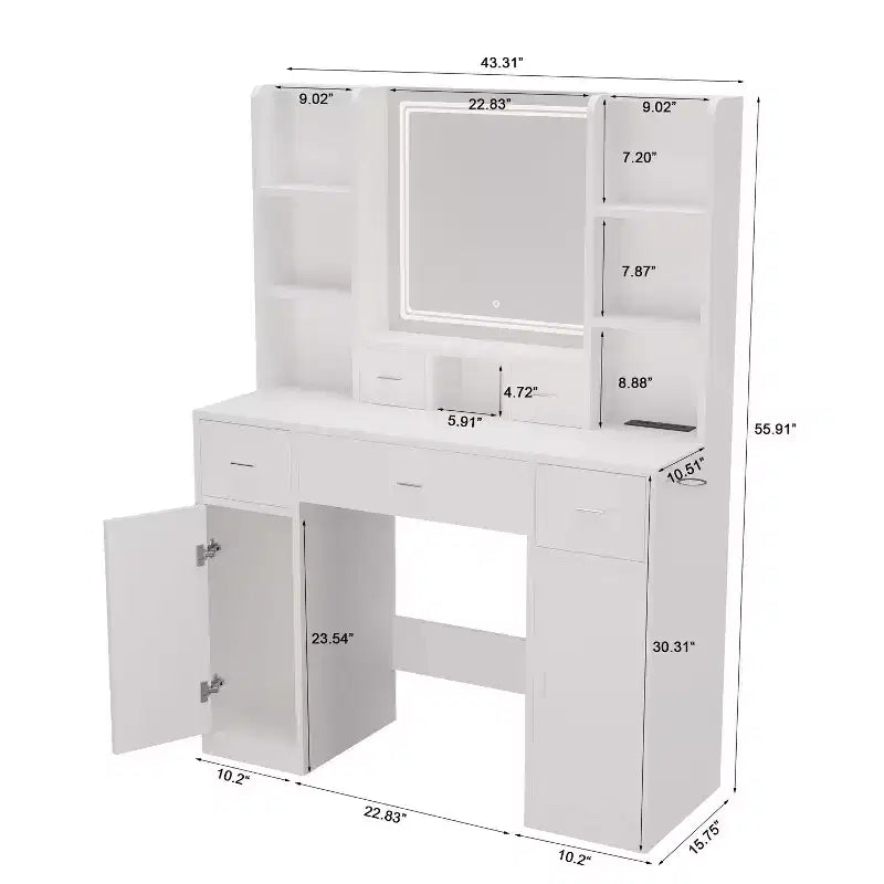 Okak Vanity Table with Lights, with Drawers and Storage Cabinet, Dressing Table with Dressing Pad for Bedroom Living Room