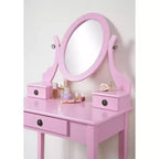Okak Vanity Table and Chair Set, Wooden Makeup Vanity Table and Stool Set with Elegant Mirror Oval Shape for Bedroom Living Room, Pink