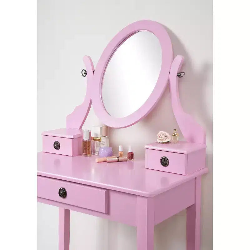 Okak Vanity Table and Chair Set, Wooden Makeup Vanity Table and Stool Set with Elegant Mirror Oval Shape for Bedroom Living Room, Pink