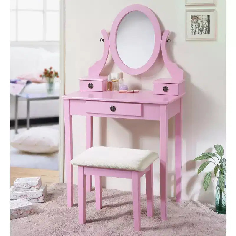 Okak Vanity Table and Chair Set, Wooden Makeup Vanity Table and Stool Set with Elegant Mirror Oval Shape for Bedroom Living Room, Pink