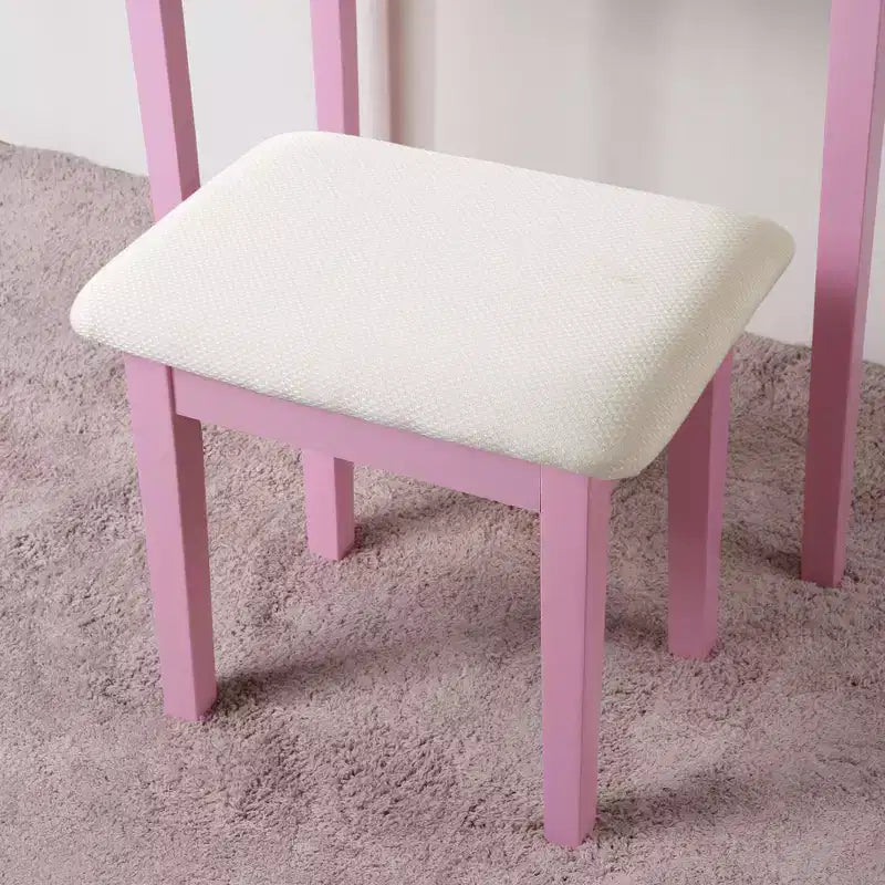 Okak Vanity Table and Chair Set, Wooden Makeup Vanity Table and Stool Set with Elegant Mirror Oval Shape for Bedroom Living Room, Pink