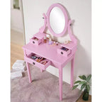 Okak Vanity Table and Chair Set, Wooden Makeup Vanity Table and Stool Set with Elegant Mirror Oval Shape for Bedroom Living Room, Pink