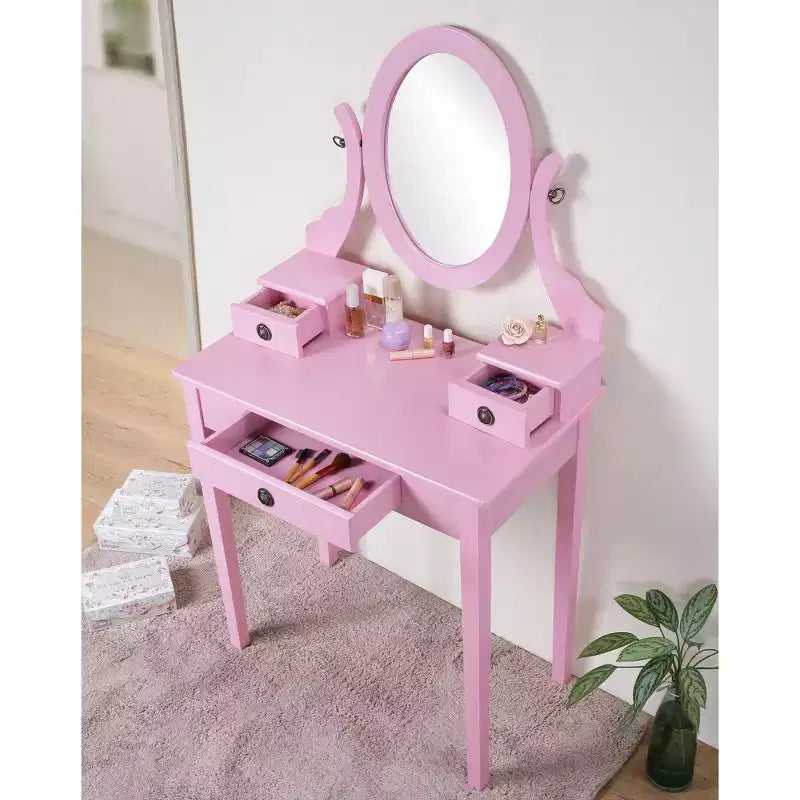Okak Vanity Table and Chair Set, Wooden Makeup Vanity Table and Stool Set with Elegant Mirror Oval Shape for Bedroom Living Room, Pink