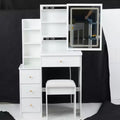 Okak Vanity Table and Chair Set, 29.2 Small Left Bedside Cabinet Vanity Table with Extra Large Touch Control Sliding LED Mirror, White