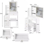 Set di tavolo da toilette e sedia Okak, piccolo mobiletto laterale da 29.2 con specchio LED scorrevole extra-large con controllo touch, bianco