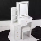 Set di tavolo da toilette e sedia Okak, piccolo mobiletto laterale da 29.2 con specchio LED scorrevole extra-large con controllo touch, bianco