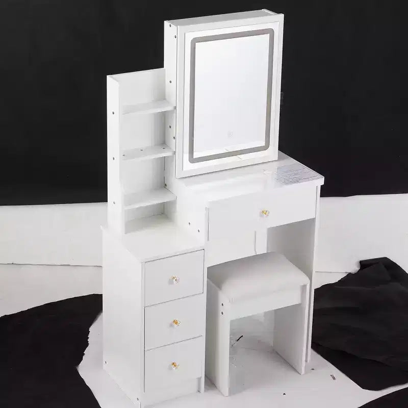 Set di tavolo da toilette e sedia Okak, piccolo mobiletto laterale da 29.2 con specchio LED scorrevole extra-large con controllo touch, bianco