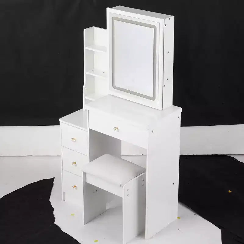 Set di tavolo da toilette e sedia Okak, piccolo mobiletto laterale da 29.2 con specchio LED scorrevole extra-large con controllo touch, bianco