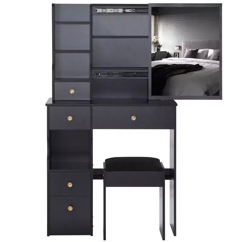 Okak Vanity Tables and Stool Set with 29.2 Small Left-Drawer,Dressing Table with Oversized Touch-Sensitive Sliding Mirror,Black