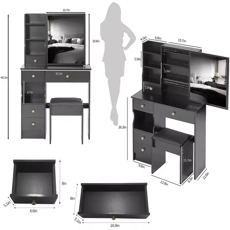 Okak Vanity Tables and Stool Set with 29.2 Small Left-Drawer,Dressing Table with Oversized Touch-Sensitive Sliding Mirror,Black