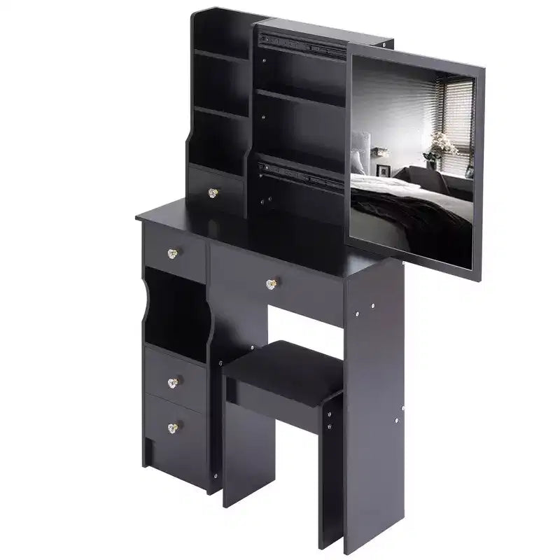 Okak Vanity Tables and Stool Set with 29.2 Small Left-Drawer,Dressing Table with Oversized Touch-Sensitive Sliding Mirror,Black