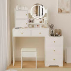 Okak Vanity Table with Right Drawers and Lights for Makeup and Cushioned Chair,Vanity Desk with Lights and Table Set with 3 Color Lighting,White
