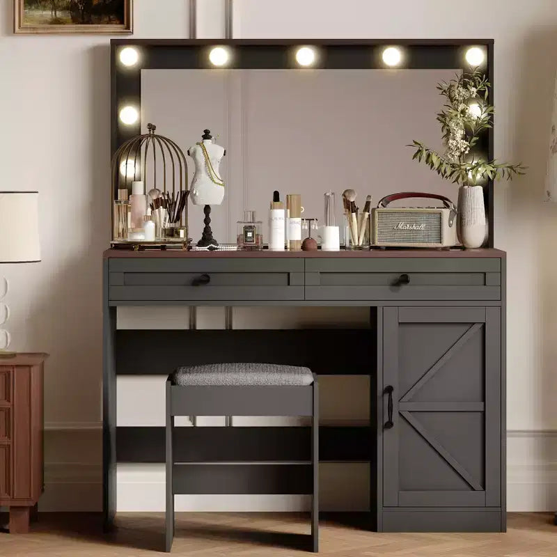 Okak Vanity Table with Large Mirror, Dressing Table with Transparent Glass Desktop & 3 Drawers for Apartment/Bedroom
