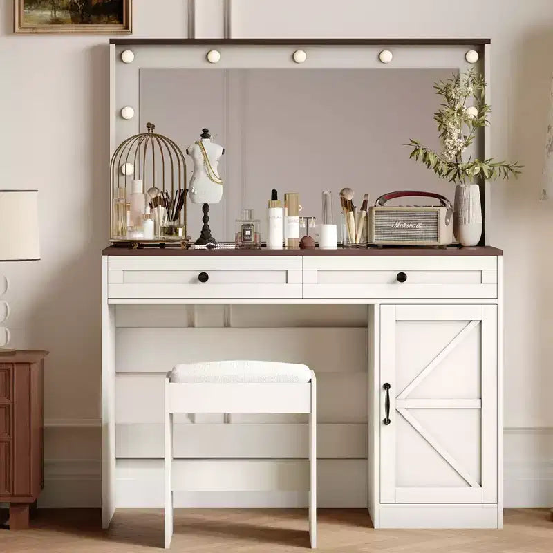 Mesa tocador Okak con espejo grande, mesa de vestir con superficie de cristal transparente y 3 cajones para apartamento y dormitorio