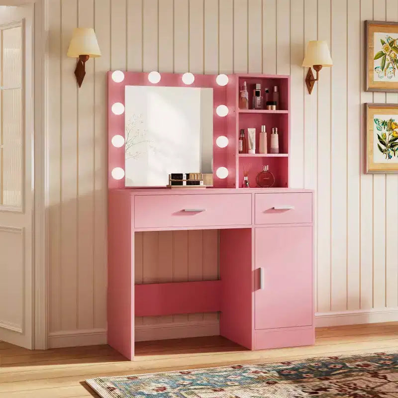 Mesa escritorio tocador HYLEORY con espejo, toma de corriente y 10 luces, mesa de maquillaje con 3 cajones y 3 modos de color disponibles para dormitorio; HYLEORY