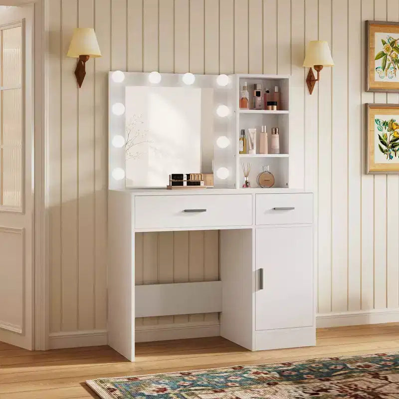 HYLEORY Vanity Desk Table with Mirror, Power Outlet and 10 Lights, Makeup Table with 3 Drawers,3 Color Modes Available for Bedroom-HYLEORY