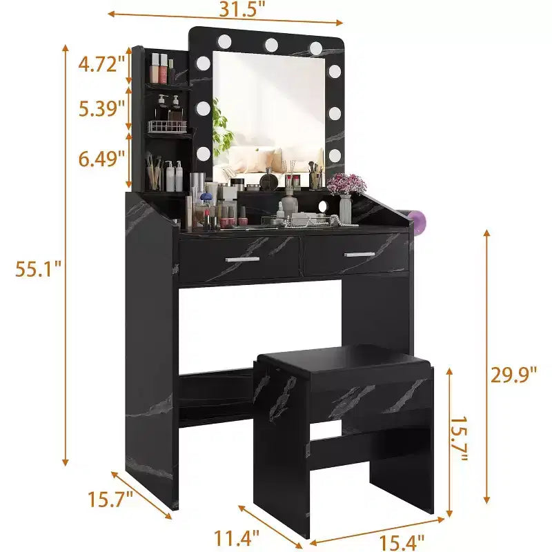 Fésülködőasztal tükörrel, sminkasztal párnázott zsámollyal, 3 világítási móddal és állítható fényerővel