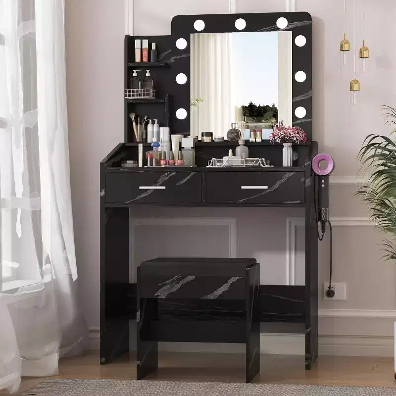 Escritorio tocador con espejo, tocador de maquillaje con taburete acolchado, 3 modos de iluminación y brillo ajustable