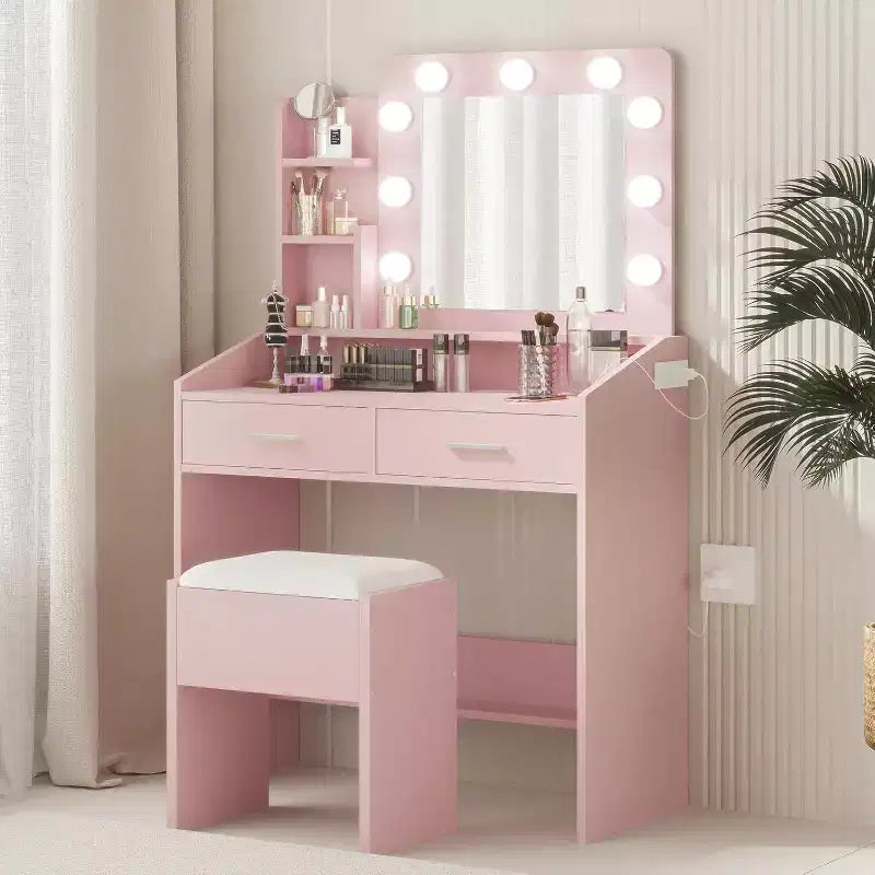 Escritorio tocador con espejo, tocador de maquillaje con taburete acolchado, 3 modos de iluminación y brillo ajustable