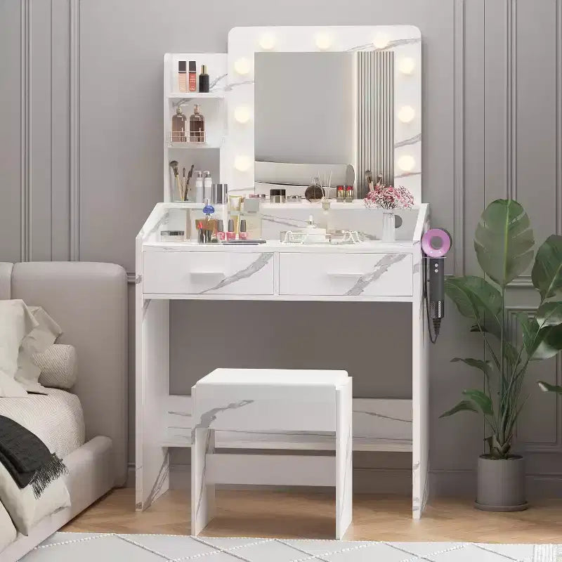 Escritorio tocador con espejo, tocador de maquillaje con taburete acolchado, 3 modos de iluminación y brillo ajustable