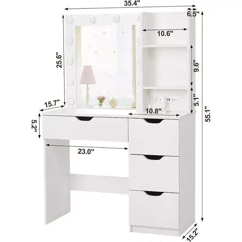 Make-uptafel met spiegel en verlichting, 3 lichtstanden, 4 laden en ingebouwde stekkerdoos