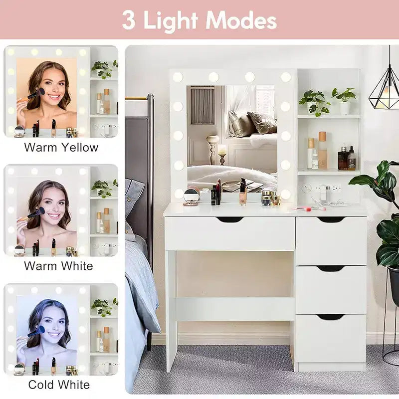 Make-uptafel met spiegel en verlichting, 3 lichtstanden, 4 laden en ingebouwde stekkerdoos