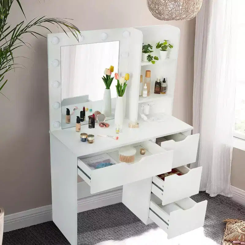 Make-uptafel met spiegel en verlichting, 3 lichtstanden, 4 laden en ingebouwde stekkerdoos