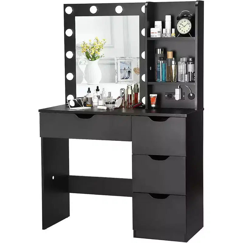 Make-uptafel met spiegel en verlichting, 3 lichtstanden, 4 laden en ingebouwde stekkerdoos