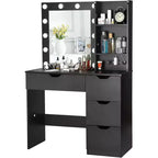 Make-uptafel met spiegel en verlichting, 3 lichtstanden, 4 laden en ingebouwde stekkerdoos
