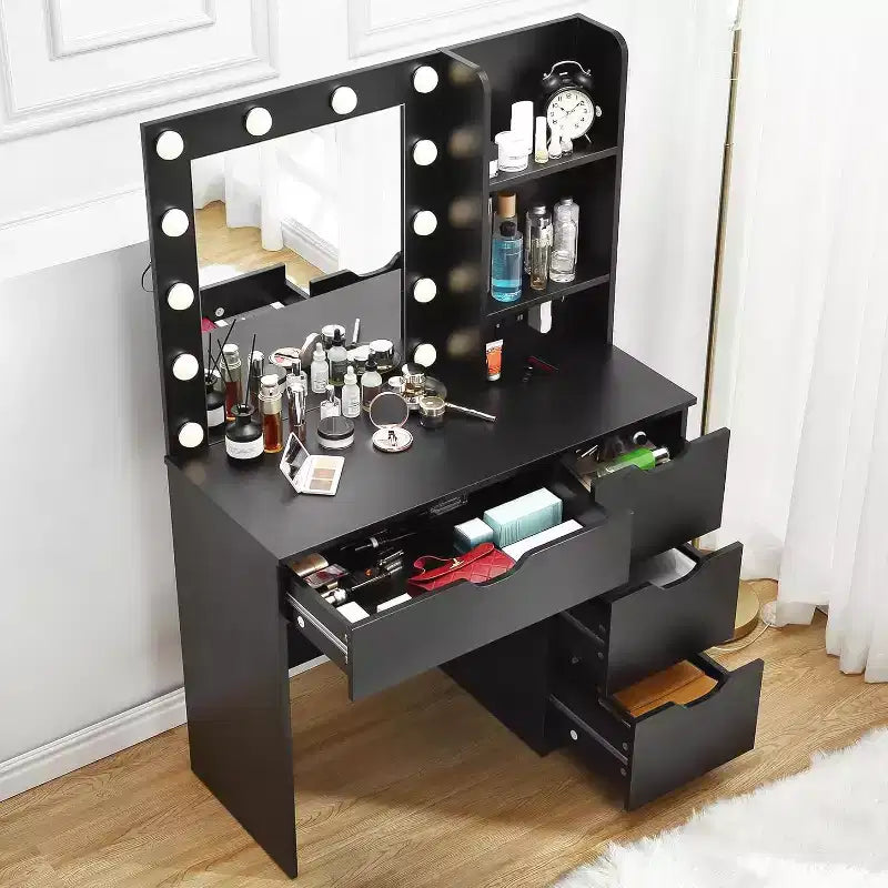 Make-uptafel met spiegel en verlichting, 3 lichtstanden, 4 laden en ingebouwde stekkerdoos