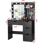 Make-uptafel met spiegel en verlichting, 3 lichtstanden, 4 laden en ingebouwde stekkerdoos
