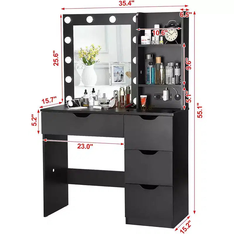 Make-uptafel met spiegel en verlichting, 3 lichtstanden, 4 laden en ingebouwde stekkerdoos