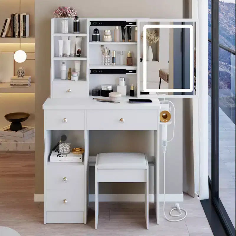 29.2 Makeup Vanity Desk with Mirror, Small Makeup Vanity Table with Stool, Dressing Table with Hair Dryer Bracket & Open Storage for Small Space