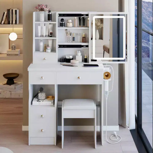 29.2 Makeup Vanity Desk with Mirror, Small Makeup Vanity Table with Stool, Dressing Table with Hair Dryer Bracket & Open Storage for Small Space