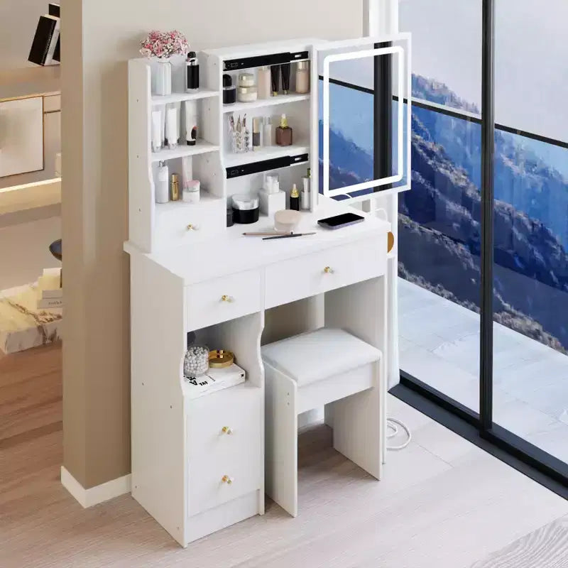 29.2 Makeup Vanity Desk with Mirror, Small Makeup Vanity Table with Stool, Dressing Table with Hair Dryer Bracket & Open Storage for Small Space