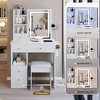 29.2 Makeup Vanity Desk with Mirror, Small Makeup Vanity Table with Stool, Dressing Table with Hair Dryer Bracket & Open Storage for Small Space