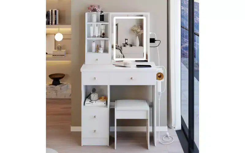 29.2 Makeup Vanity Desk with Mirror, Small Makeup Vanity Table with Stool, Dressing Table with Hair Dryer Bracket & Open Storage for Small Space