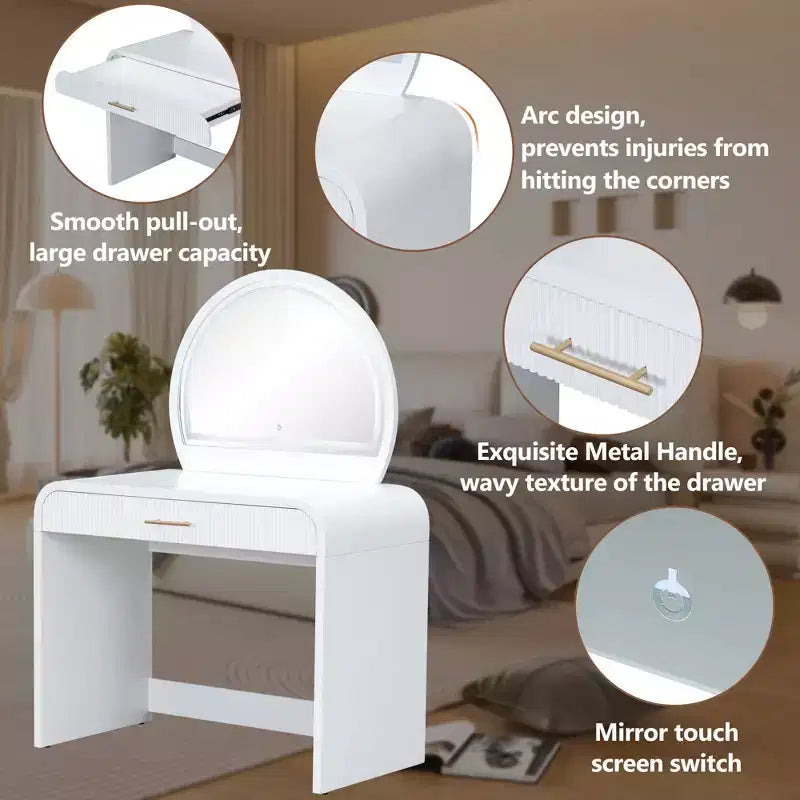 39 Makeup Vanity Table with Mirror Touch Screen Lighted Mirror, Dressing Table with Drawer for Bedroom, White