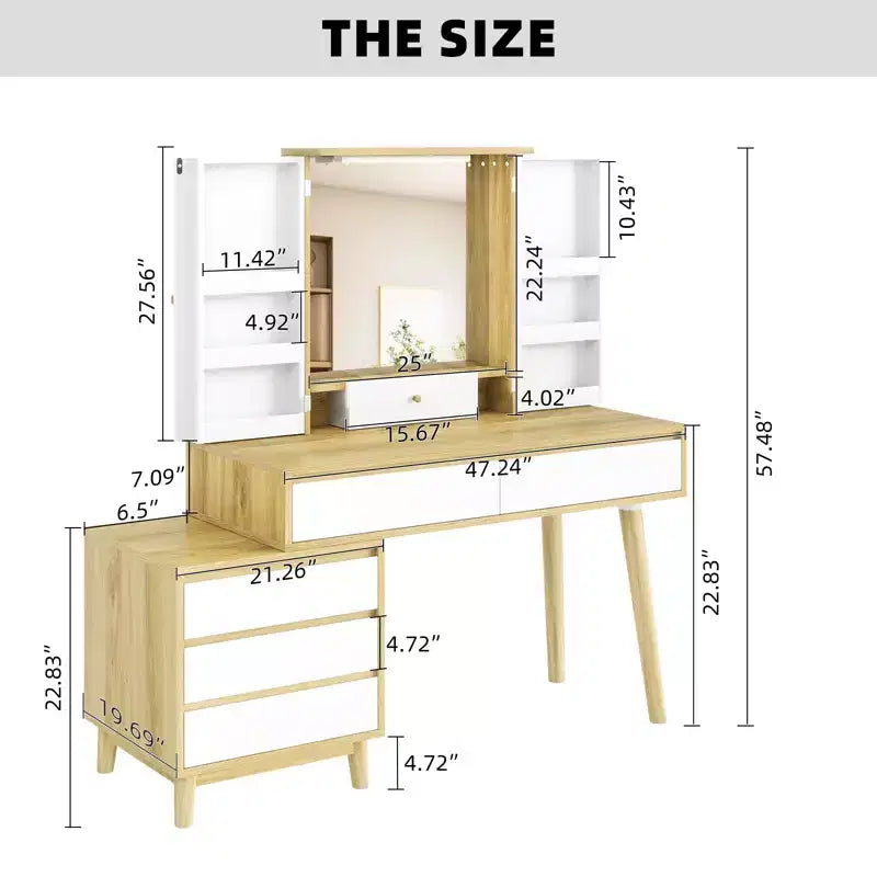 Make-uptafel met ledspiegel met 3 lichtstanden, 6 laden en open opbergplanken, kaptafel met verborgen opbergruimte, voor slaapkamers