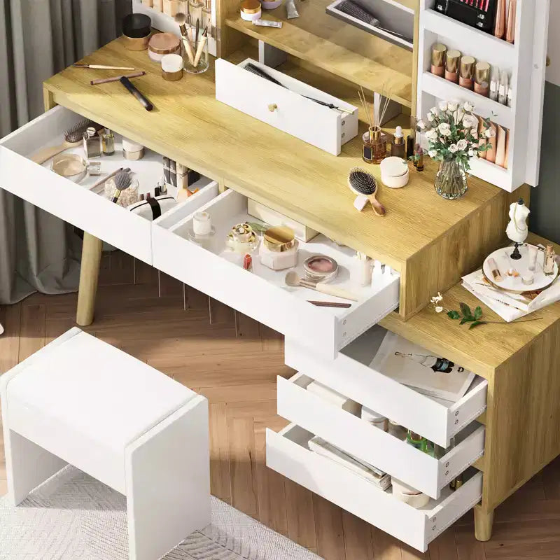 Make-uptafel met ledspiegel met 3 lichtstanden, 6 laden en open opbergplanken, kaptafel met verborgen opbergruimte, voor slaapkamers