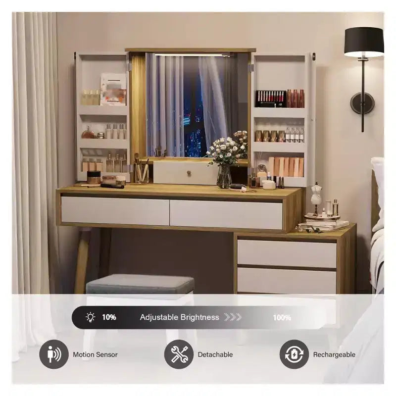 Make-uptafel met ledspiegel met 3 lichtstanden, 6 laden en open opbergplanken, kaptafel met verborgen opbergruimte, voor slaapkamers