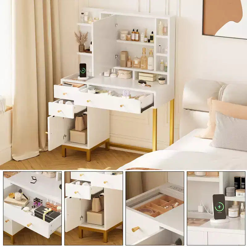 Makeup Table, Vanity Desk Dressing Table with LED Lighted Mirror & Power Outlet, 3 Lighting Modes
