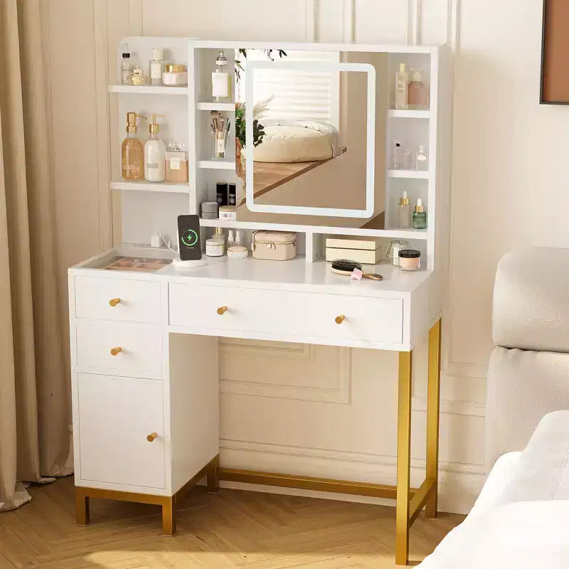 Tavolo da trucco, toeletta e tavolo da toilette con specchio illuminato a LED e presa di corrente, 3 modalità di illuminazione